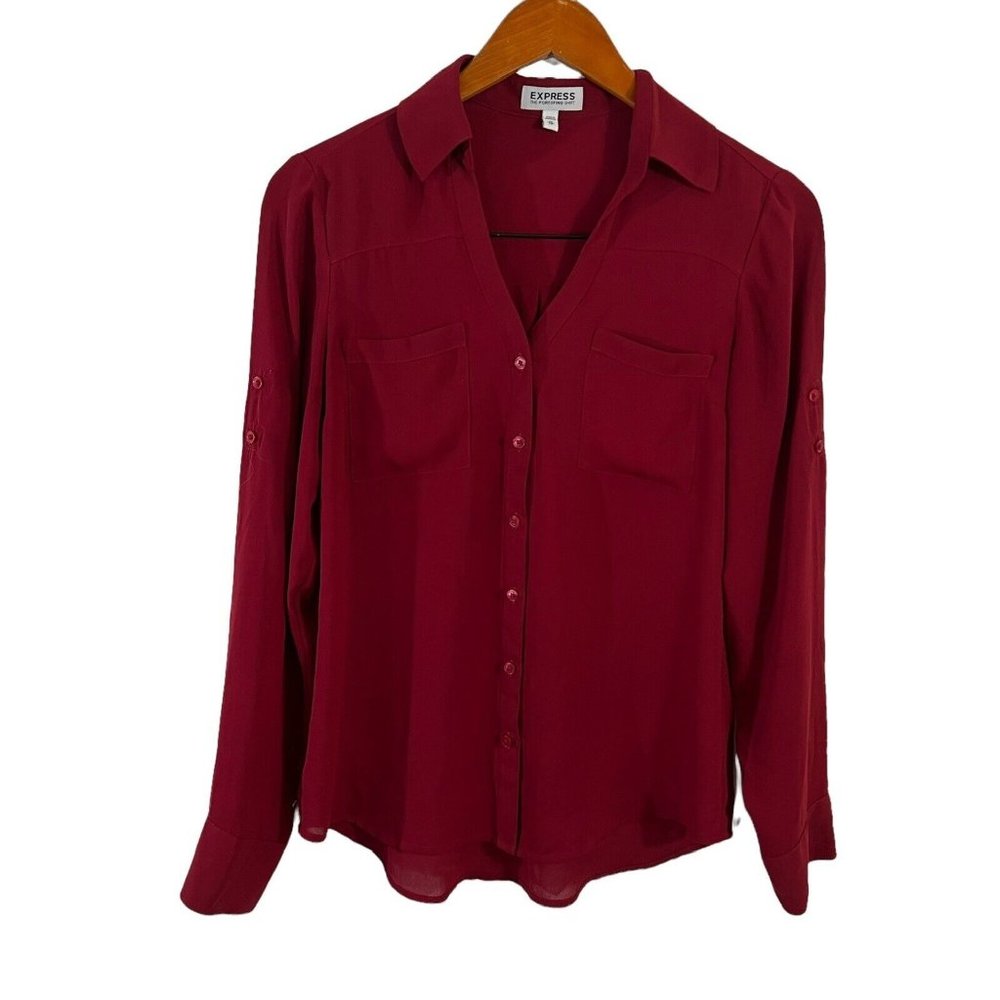 Express Red Portifino Button Up Shirt Blouse Collared Sheer Long Sleeve XS Work